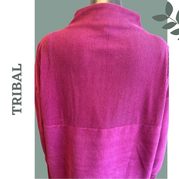 Tribal Pop Over Funnel Neck Long Sleeve Drop Shouler Ribbed Magenta Size Small - Picture 10 of 12